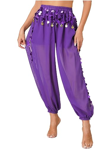 Freebily Damen Bauchtanz Hose Glänzendes Pumphose/Schlaghose Flared Pants Mit Pailletten Glitzer Belly Dance Pants Arabische Tribal TanzKostüm B_Violett Einheitsgröße von Freebily