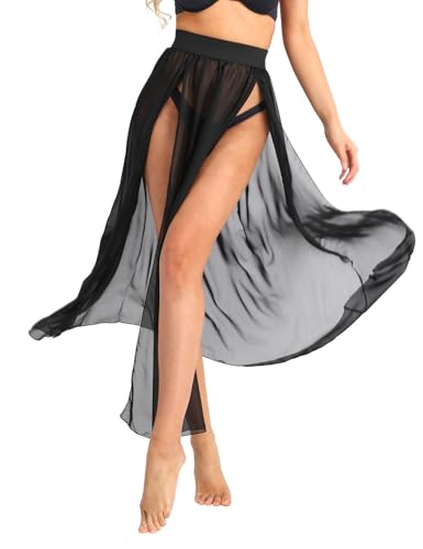 Freebily Damen Maxirock Lang mit Schlitz Lange Strandrock Pareos Sexy Transparent Bikini Cover Up Sommerrock Party Tanzkleid Schwarz XL von Freebily