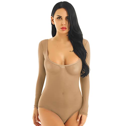 Freebily Damen Bodysuit Durchsichtige Mesh Body Netz Shirt Bluse Unterhemd Oberhemd Transparent Stringbody Tanga Thong High Cut Hautfarbe One Size von Freebily