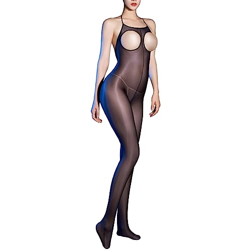 Freebily Damen Bodystockings Sexy Glänzend Transparent Ganzkörper Strümpfe Glatte Nylon Bodysuit Jumpsuit Erotische Babydoll Negligee C_Schwarz Einheitsgröße von Freebily