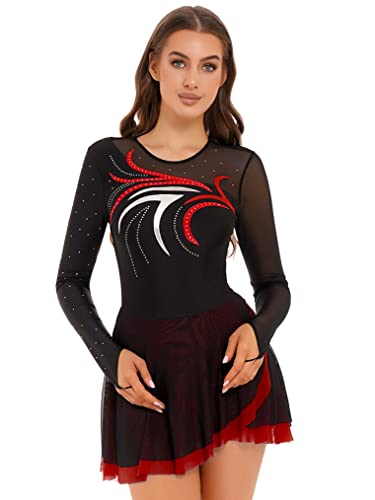 Freebily Damen Eiskunstlaufkleid Glänzend Strasssteine Rollschuhkleid Ballettkleid Tanz Trikot Gymnastik Kleid Schlüsselloch Rücken Rot_H S von Freebily