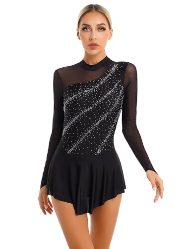 Freebily Damen Eiskunstlaufkleid Langarm Mesh Eislaufen Ballettkleid Tanz Trikot Mit Strass Glitzer Gymnastikanzug Skating Kleid Schwarz XL von Freebily