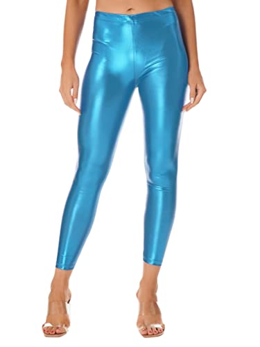 Freebily Damen Glitzer Metallic Leggings Kunstleder Hose Tights Slim Fit Sport Yoga Fitness Trainingshose Festival Party Nachtclub Pants Himmelblau One Size von Freebily