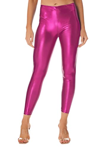 Freebily Damen Glitzer Metallic Leggings Kunstleder Hose Tights Slim Fit Sport Yoga Fitness Trainingshose Festival Party Nachtclub Pants Hot Pink One Size von Freebily