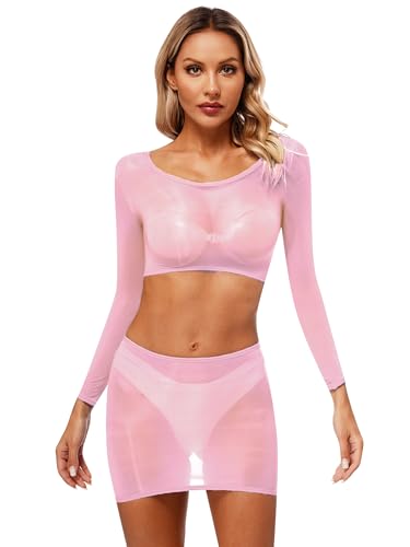 Freebily Damen Nylon Dessous Set Glänzend Glossy Body Stockings Kleid Transparent Crop Top Minirock Sexy Erotische Nachtwäsche Kleid Clubwear Rosa_Q Einheitsgröße von Freebily