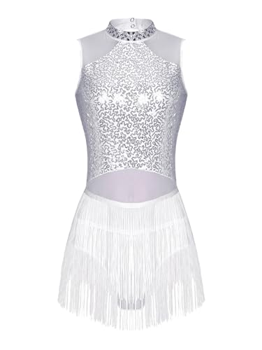 Freebily Damen Tanzkleid Glitzer Ärmellos Tanzbody Mit Fransen Glänzend Pailletten Latein Salsa Kleid Ballett Leotard Ballsaal Tanzkostüm Weiß XXL von Freebily