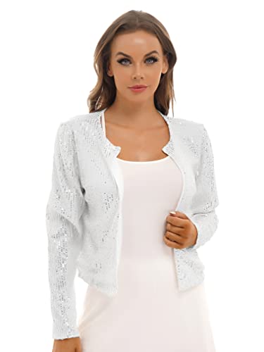 Freebily Damen Pailletten Jacke Langarm Glitzer Motorradjacke Strickjacke Cardigan Cocktail Party Showjacket Casual Sportjacke Silber S von Freebily