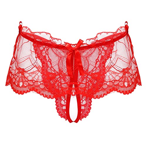 Freebily Damen Transparent Slip Ouvert Spitze Höschen Offener Schritt Mesh Dessous Unterwäsche Rüschen Unterhose Panty Briefs Rot_D M von Freebily