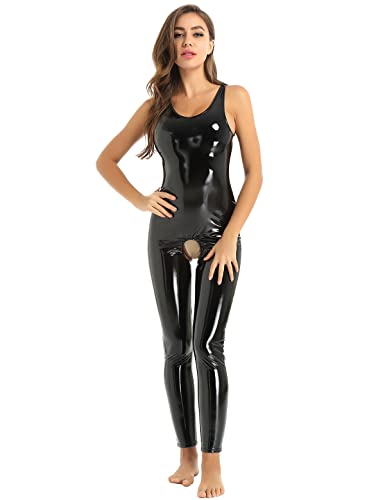 Freebily Damen Wetlook Catsuit Overall Ouvert Glänzend Lackleder Jumpsuit Ganzkörperanzug Erotik Dessous Exklusives Clubwear Schwarz M von Freebily