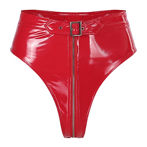 Freebily Damen Wetlook Slips Lack Leder Spitze Panties Shorts High Waist Booty Shorts Hotpants Unterwäsche Gogo Clubwear Rot G 3XL von Freebily