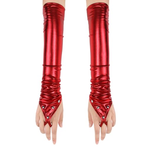 Freebily Glänzend Fingerlose Handschuhe Metallic/Fischschuppen gedruckt Armstulpen Gogo Dessous Kostüm Zubehör Nachtclub Party Clubwear B Rot Handschuhe mit Nieten One Size von Freebily