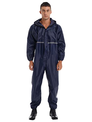 Freebily Herren Damen wasserdichte Overalls Arbeitskleidung Mit Reflexstreifen Und Kapuze Regenmantel Reinigungsoverall Sicherheitanzüge Marineblau_A XL von Freebily