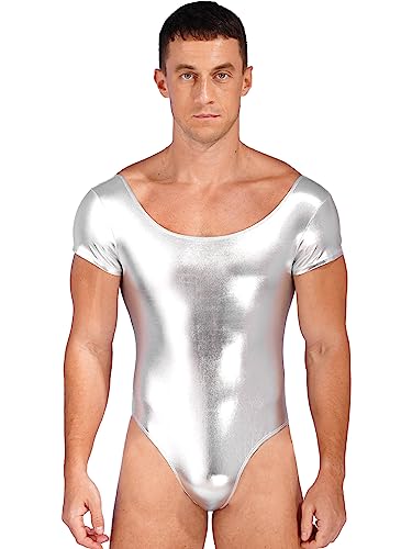 Freebily Herren Glanz Metallic Bodysuit Lackleder Männerbody Thong Leotard Sport Trikot Glitzer Party Nachtclub Party Disco Kostüm Top A_Silber L von Freebily