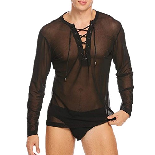 Freebily Herren Hemd Transparent Muskelshirts Langarmshirt Netzhemd Mesh Top Shirt mit Knöpfen Erotik Unterwäsche Wetlook Club Shirt Reizwäsche Schwarz L von Freebily