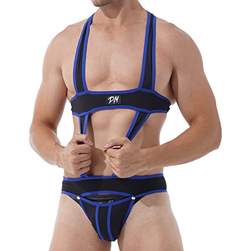 Freebily Herren Jockstrap Ouvert Unterwäsche Wrestling Singlet Body Straps Jumpsuits Trikot Leotard Sexy Netz Nachtwäsche Blau_B XXL von Freebily