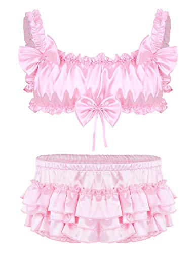 Freebily Herren Satin Dessous Set Rüschen Bowknot BH Crop Top Sissy Rock Slip Bloomers Erotik Unterwäsche Schlafanzug Crossdressing Kostüm Rosa XXL von Freebily