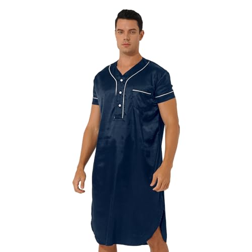 Freebily Herren Schlafanzugoberteil Satin Nachthemd Langarm Einteiliger Schlafanzug Nachtwäsche Pyjamas Sleepwer Dunkelblau_E XXL von Freebily