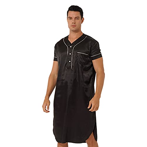 Freebily Herren Schlafanzugoberteil Satin Nachthemd Langarm Einteiliger Schlafanzug Nachtwäsche Pyjamas Sleepwer Schwarz_E XXL von Freebily