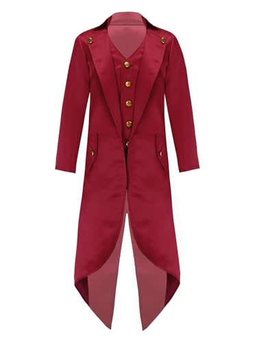 Freebily Kinder Gehrock Mittelalterlicher Steampunk Vintage Frack Anzug Mantel Smoking Jacke Festlich Party Blazer Jacke Rot_B 134-140/9-10 Jahre von Freebily