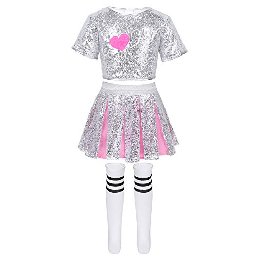 Freebily Kinder Mädchen Tanzen Kleidung Set Modern Tanz Kostüme Jazz Hip Hop Outfit Pailletten Kurzarm Crop Top mit Faltenrock Socken Festival Dancewear Silber & Rose Pink 140-152/10-12 Jahre von Freebily