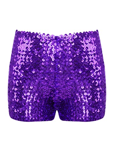 Freebily Mädchen Shorts Glänzend Pailletten Gymnastik Turnshorts Fitness Tanz Sportshorts Hose Kurz Bühne Tanzkostüm Violett 116-140 von Freebily