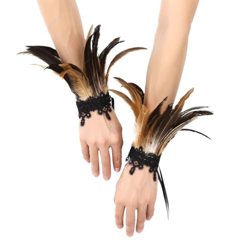 Freebily Natürlichen Federn Armbänder Gothic Punk Feder Handgelenk Manschetten mit Spitze/Perlen Deko Halloween Cosplay Karneval Verkleidung Kostüm Zubehör Braun A One Size von Freebily