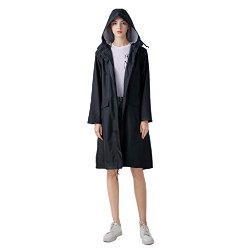 Freesmily Damen Stilvoller langer Regenmantel mit wasserdichter Regenjacke mit Kapuze (Schwarz, XXL) von Freesmily