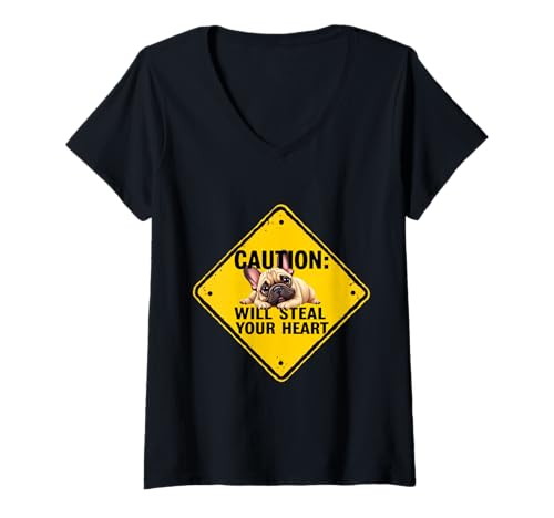 Damen Schild mit Aufschrift "Caution French Bulldogge", lustiges Geschenk T-Shirt mit V-Ausschnitt Damen Schild mit Aufschrift "Caution French Bulldogge", lustiges Geschenk T-Shirt mit V-Ausschnitt von French Bulldog Fun Designs