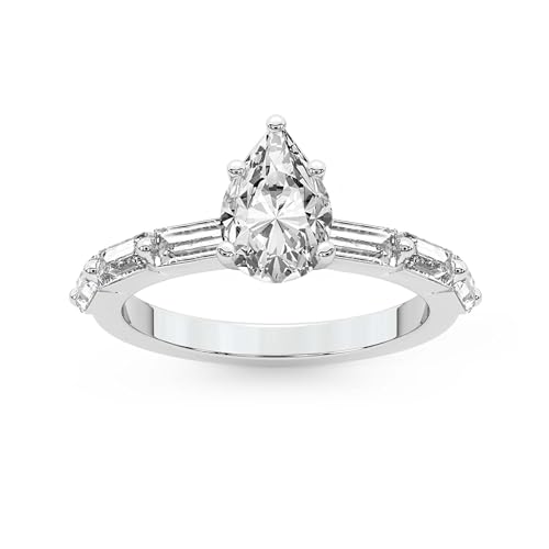 Im Labor Gezüchtet Diamant Verlobungsring Für Frauen 3 Karat IGI-Zertifiziert Birne Form | 14K Oder 18K Weiß-, Gelb- Oder Roségold Kimberly Baguette Side Stone Ring | FG-VS1-VS2 Qualität von Friendly Diamonds