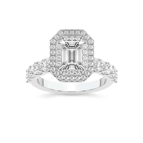 Im Labor Gezüchteter Diamant-Verlobungsring Für Frauen 3 Karat IGI-Zertifiziert Smaragd Form | 14K oder 18K Weiß-, Gelb- oder Roségold Crowned Cresta Double Halo Diamant-Ring | FG-VS1-VS2 Qualität von Friendly Diamonds