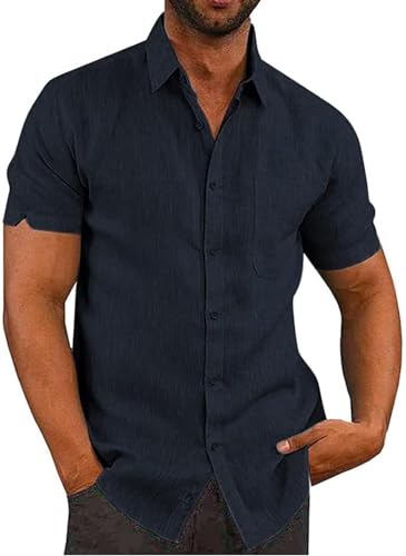 Friptspyg Herren Leinenhemd Kruzarm Hemd Button Down Regular Fit Freizeithemden für Herren Strandhemd Casual Sommerhemd mit Tasche, Navy Blau XL von Friptspyg