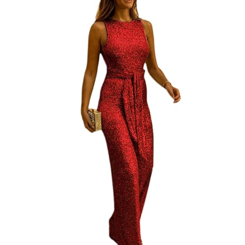 ÄRmelloser Damen Jumpsuit Mit Rundhalsausschnitt RüCkenfrei Lang Sexy Glitzer Pailletten Weites Strampler Cocktail Party Spielanzug Mit GüRtel Overall FüR Damen Formell von Frotox