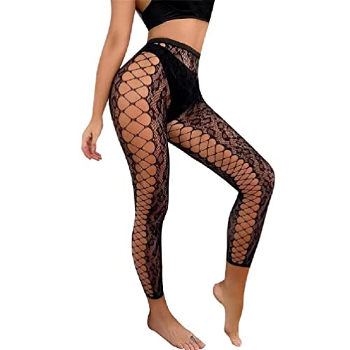 Seitlich ausgehöhlte sexy Netzstrümpfe für Damen ohne Fuß hohe Taille Netzstrumpfhose mit Leopardenmuster Netzstrumpfhose mit offenem Schritt Strumpfhose mit offenem Schritt für Frauen von Frotox