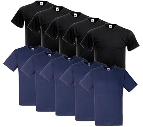 Fruit of the Loom 10 T Shirts V-Neck M L XL XXL V-Ausschnitt Diverse Farben auswählbar (L, 5Schwarz/5Deep Navy) von Fruit of the Loom