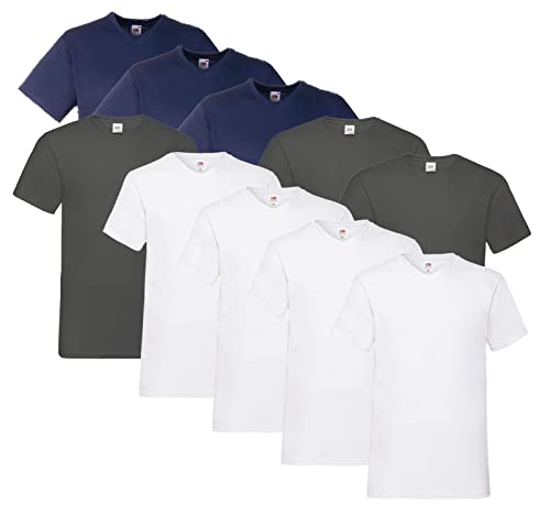 Fruit of the Loom 10 T Shirts V-Neck M L XL XXL 3XL 4XL 5XL V-Ausschnitt Diverse Farben -HL-Kauf (XXL, 4X Weiss, 3X Navy, 3X Graphit + 1 HLKauf Block) von Fruit of the Loom