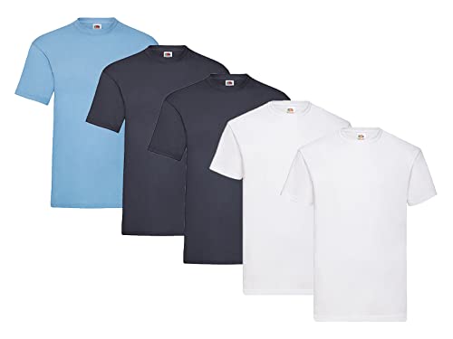 Fruit of the Loom 5-Pack Valueweight T-Shirt, 2X Weiss + 2X Deep Navy + 1x Pastellblau + 1 HL Kauf Notizblock, Größe L von Fruit of the Loom