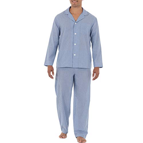 Fruit of the Loom Herren Langärmliges Pyjama-Set aus breitem Stoff Pyjamaset, blau gestreift, Medium von Fruit of the Loom