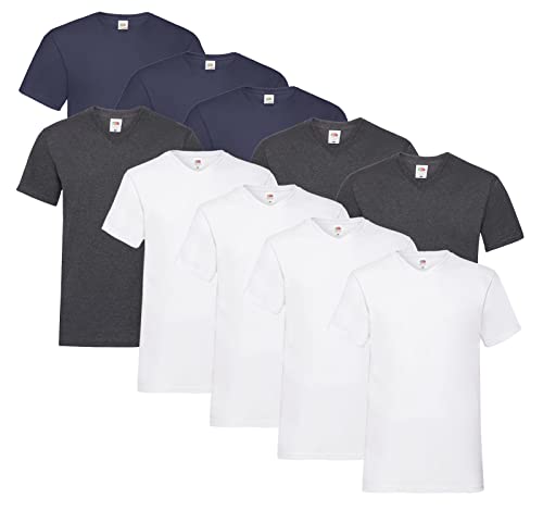 Fruit of the Loom Herren V-Neck Valueweight T-Shirt (10er Pack) (M, 4X Weiss, 3X Deep Navy, 3X Dark Heather + 1 HLKauf Block) von Fruit of the Loom