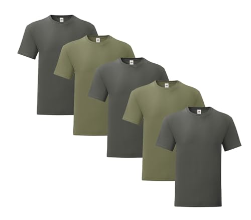 Fruit of the Loom Iconic 5er Sets Herren T-Shirt M L XL 2XL Ringspun Baumwolle, Farbe:3X Graphit 2X Olive & 1x HLKauf-Block, Größe:XL von Fruit of the Loom