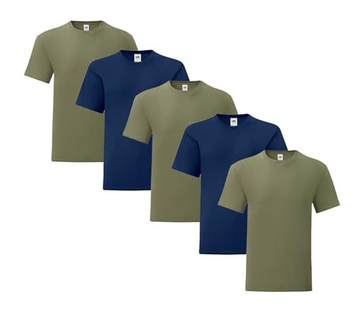 Fruit of the Loom Iconic 5er Sets Herren T-Shirt M L XL 2XL Ringspun Baumwolle, Farbe:3X Olive 2X Navy & 1x HLKauf-Block, Größe:L von Fruit of the Loom