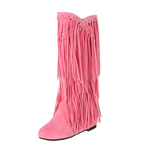 Fucouture Damen-Stiefel, modisch, bestickt, quadratischer Absatz, einfarbig, Fransen, Retro-Stiefel, Lederstiefel für Damen, wadenhoch, 1 x Rosa, 39.5 EU von Fucouture