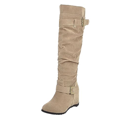 Fucouture Modische Damenstiefel aus solidem Wildleder, Gürtelschnalle, Dekoration mit erhöhtem Keilabsatz, lange Stiefel, breite Oberschenkelhohe Stiefel für Damen, beige, 37.5 EU von Fucouture