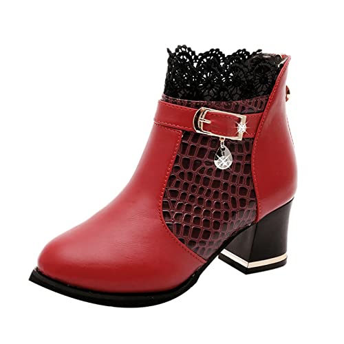 Fucouture Stiefel für Damen, Stiefeletten, sexy, niedrige Absätze, Knöchel, Herbst, Damenstiefel, Vintage, kurz, Winter, Leder, Damenschuhe, Spitzenstiefel, Damenstiefel, Schneestiefel für Damen, rot, von Fucouture