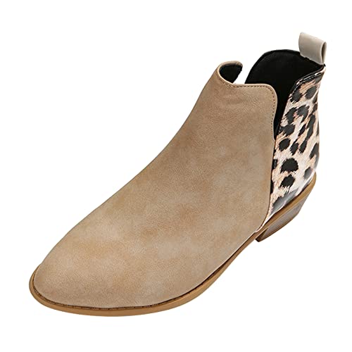 Fucouture Stiefel für Damen, modisch, elegant, Vintage-Stil, Leopardenmuster, Patchwork, Leder, spitzer seitlicher Reißverschluss, klobiger Absatz, modische Stiefeletten für Damen, elegant, khaki, von Fucouture