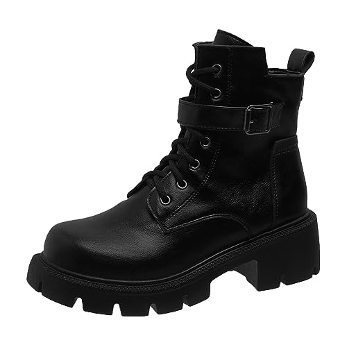 Fucouture Stiefeletten für Damen, niedriger Absatz, Winterstiefel, britischer Stil, dicke Sohle, Gürtelschnalle, Retro-Kurzstiefel, große Stiefel, Stiefel für Damen, Booties Winter, Schwarz , 38 EU von Fucouture