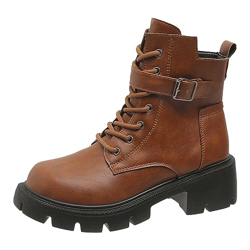 Fucouture Stiefeletten für Damen, niedriger Absatz, Winterstiefel, britischer Stil, dicke Sohle, Gürtelschnalle, Retro-Kurzstiefel, große Stiefel, Stiefel für Damen, Booties Winter, braun, 38 EU von Fucouture