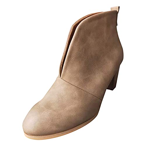 Fucouture Stiefeletten für Damen, niedriger Absatz, kurze Damenstiefel, Lederabsatz, Stiefel, Fahsion, gestapelt, Damenstiefel, Stiefel, Damen, flach, khaki, 38.5 EU von Fucouture