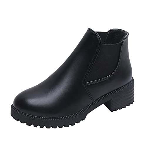 Stiefel für Damen, 2023, schwarz, modisch, Herbst, Winter, dicke Sohle, mittelhoher Absatz, Schlupfschuh, kurz, Plüsch, warm, solide, lässiger Stil, Damen-Gartenstiefel, Schwarz , 38.5 EU von Fucouture