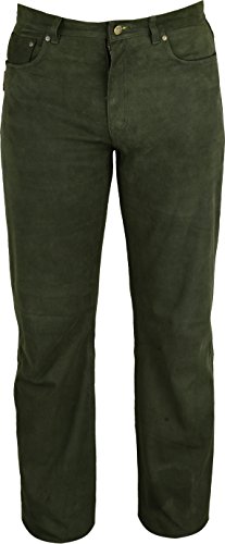 Jagd Lederhose Herren lang- Lange Lederhose Damen - Lederjeans- Echt Leder festem Nubuk - Lederhose Jeans 501 Olive- Motorrad Lederjeans von Fuente Leather Wears