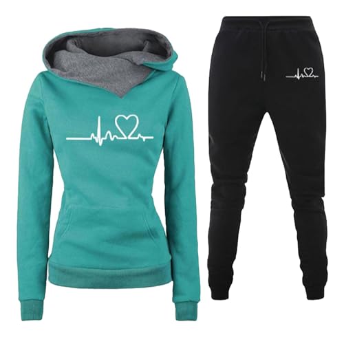 Fukamou Damen Trainingsanzug Set 2 Teiler Heartbeat Jogginganzug Sport Und Freizeit Kapuzenpullover Outdoor Sport Sweatshirt Hosenanzug von Fukamou